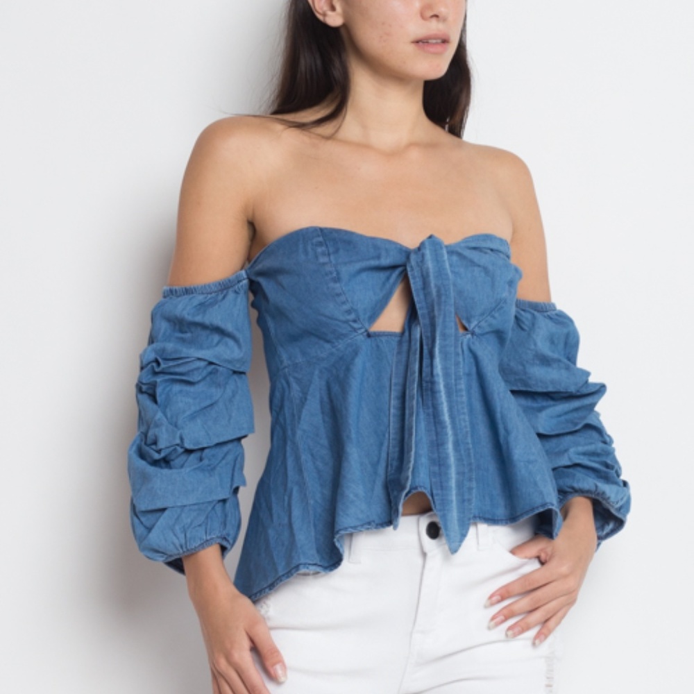 FLASH SALE!! Denim Bustier Tie Top Puff Sleeve - Picture 3 of 6
